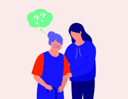 Illustration of a young woman helping a confused older woman.