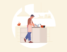 An illustration of a man cooking in the kitchen while a fire starts in the background.